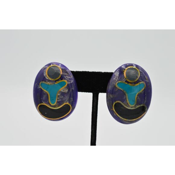 Vintage Statement Earrings Chunky Plastic Painted Abstract Unique 1980s BnS - Picture 1 of 9